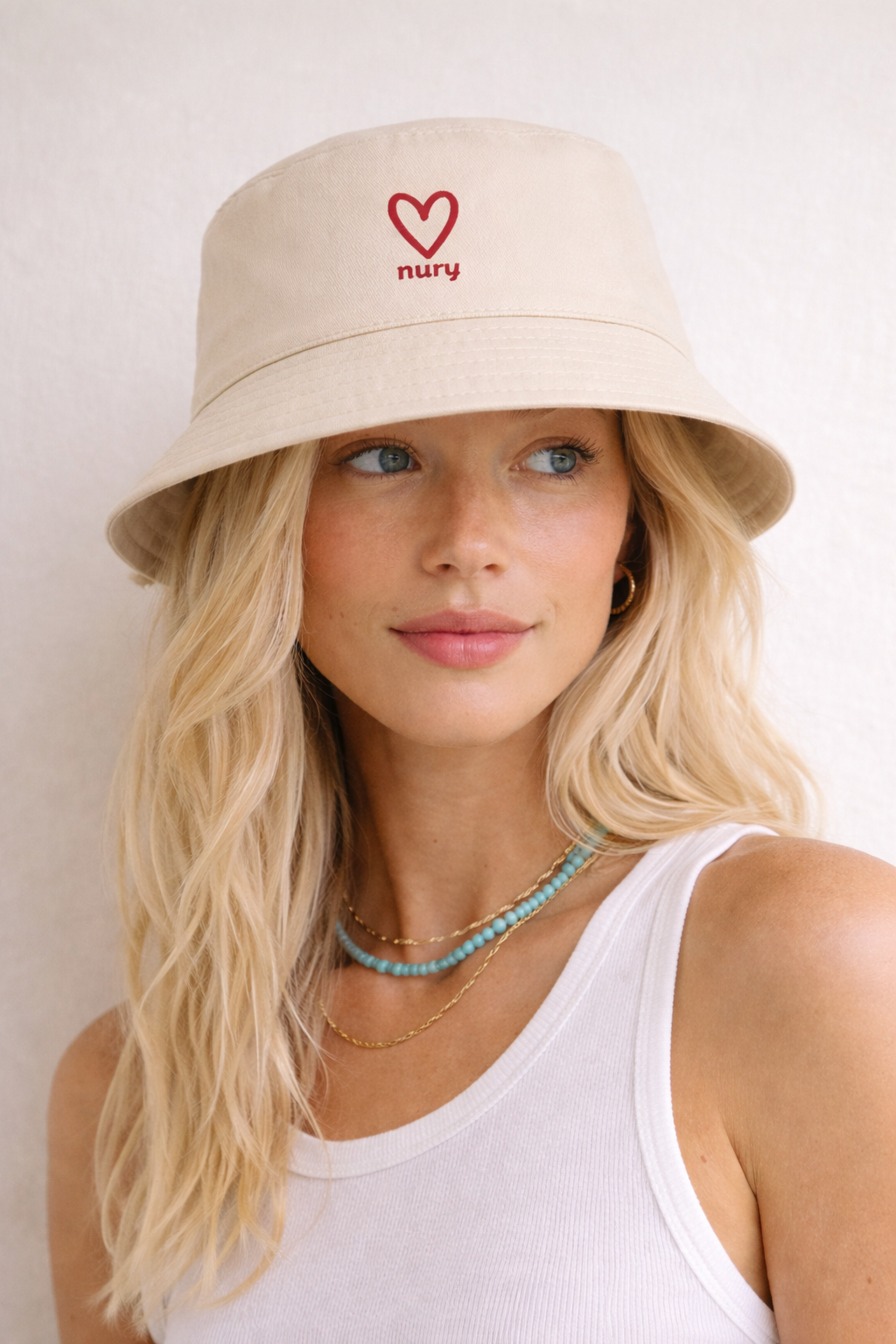 White fringe bucket hat lifestyle