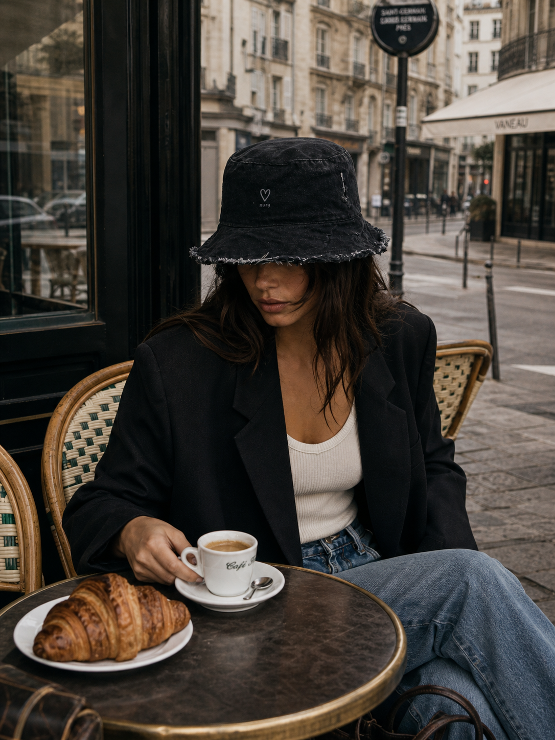 Black frayed bucket hat product