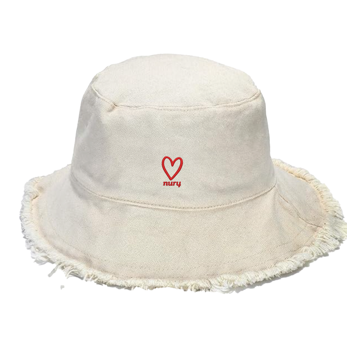 Nury frayed bucket hat showing 9 cm crown and 7 cm brim proportion