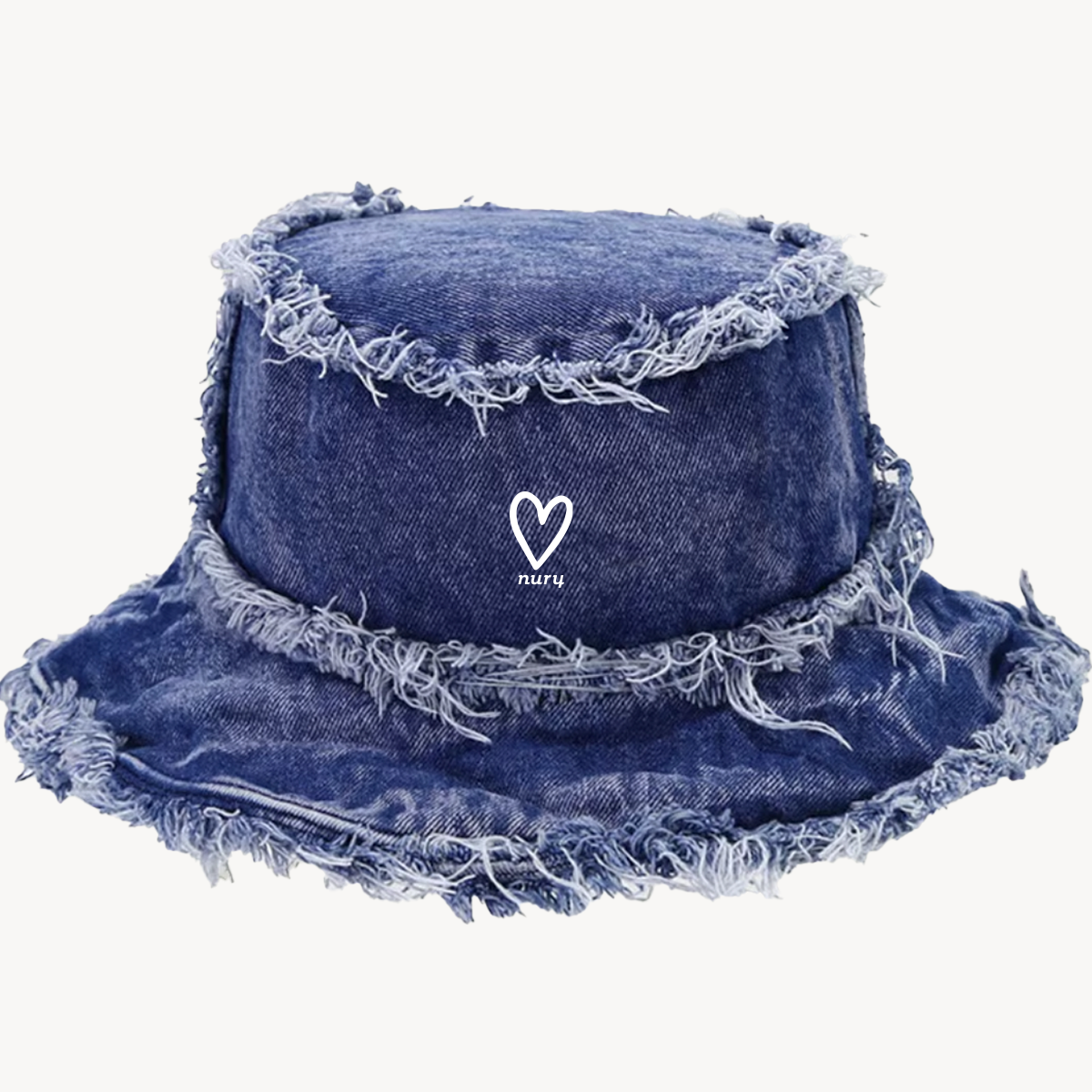 Blue very frayed Heart Bucket hat