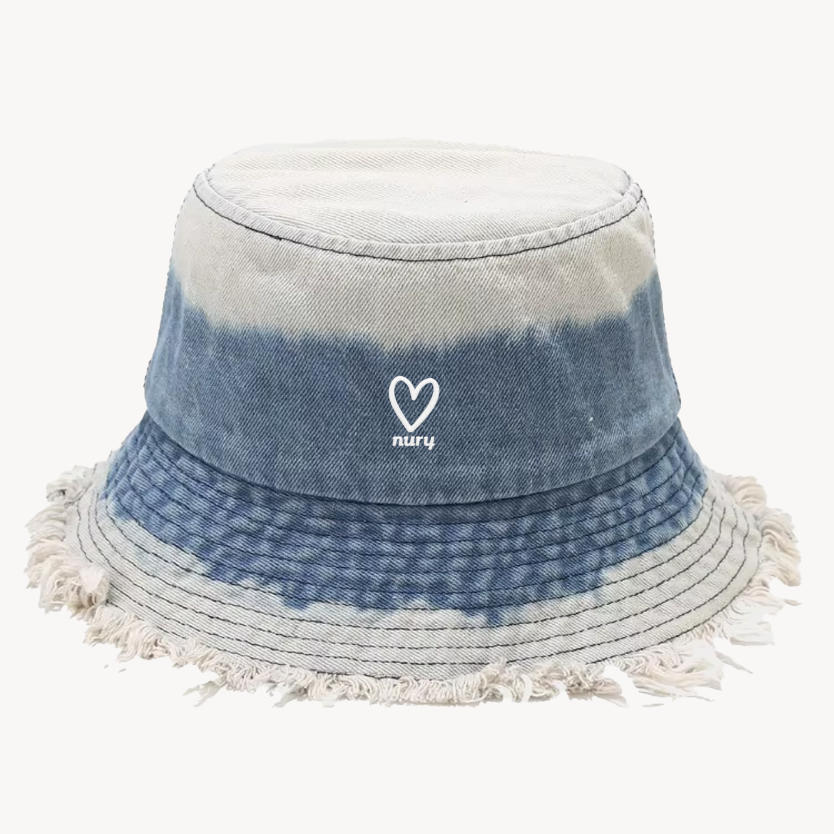 Frayed Edge Bucket Hat in Tie Dye Blue Denim with heart embroidery